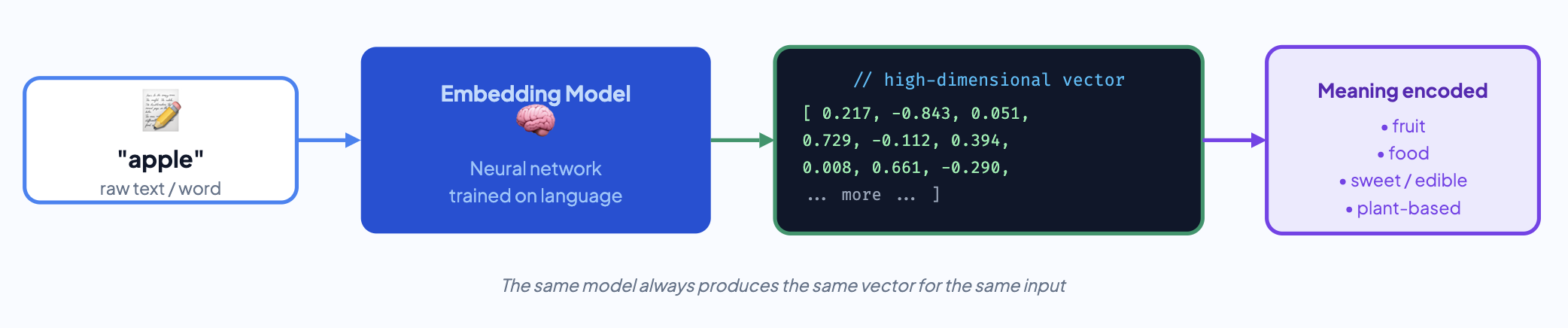 Embedding model converting the word apple into a high-dimensional vector encoding meaning